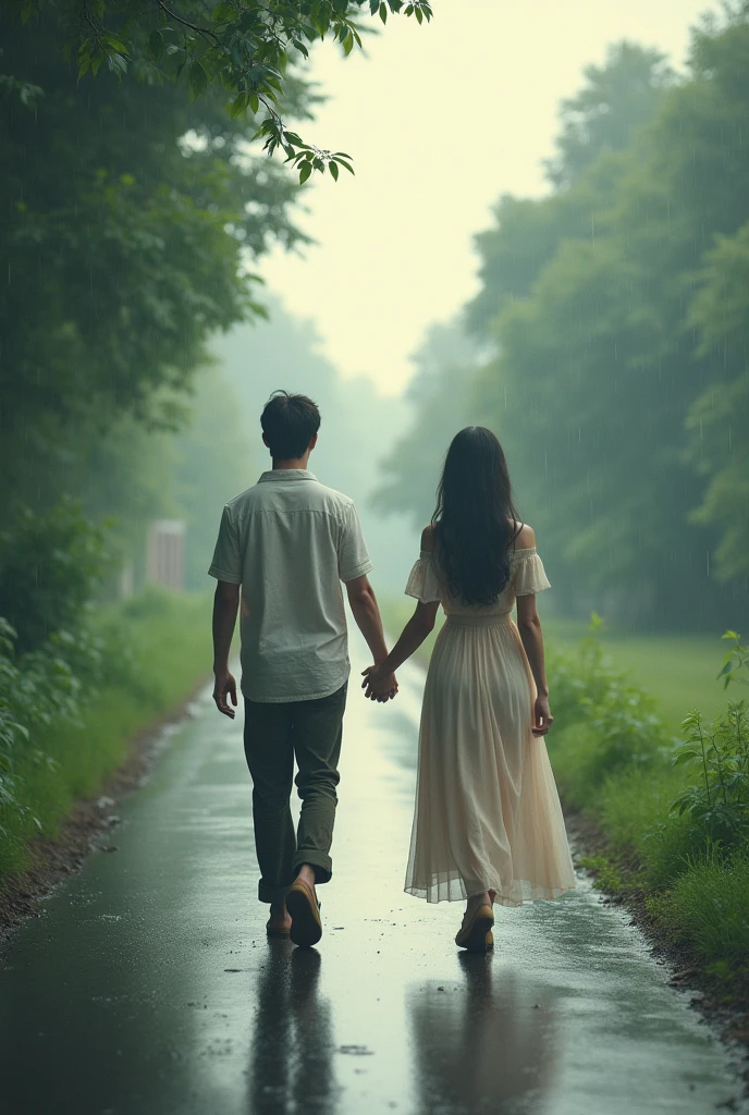 A boy and girl walking hand in hand on road in rainy season. Both of them are Adult. Girl wearing full covered dress. They are far from the camera