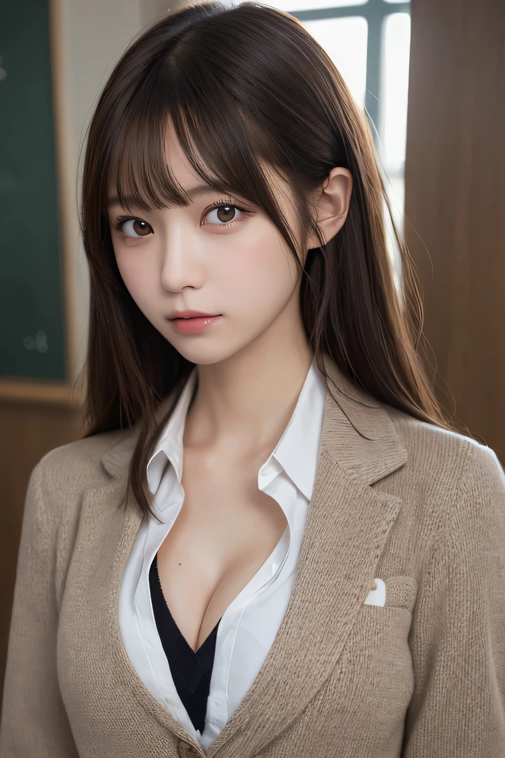 masutepiece, Best Quality, Illustration, Ultra-detailed, finely detail, hight resolution, 8K Wallpaper, Perfect dynamic composition, Beautiful detailed eyes, Natural Lip,Blazer ,School uniform, cleavage, Full body, 大きな胸,