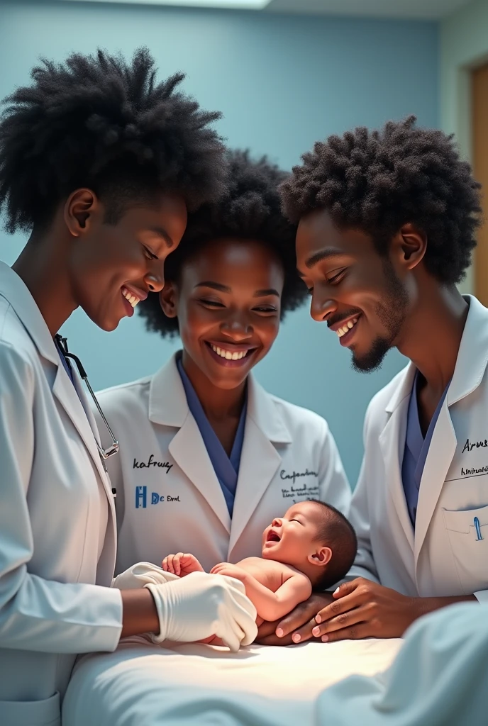 3 strong doctors, black, with a tattoo on their chest are in the hospital looking smiling at a  who has just been born still has his umbilical cord.