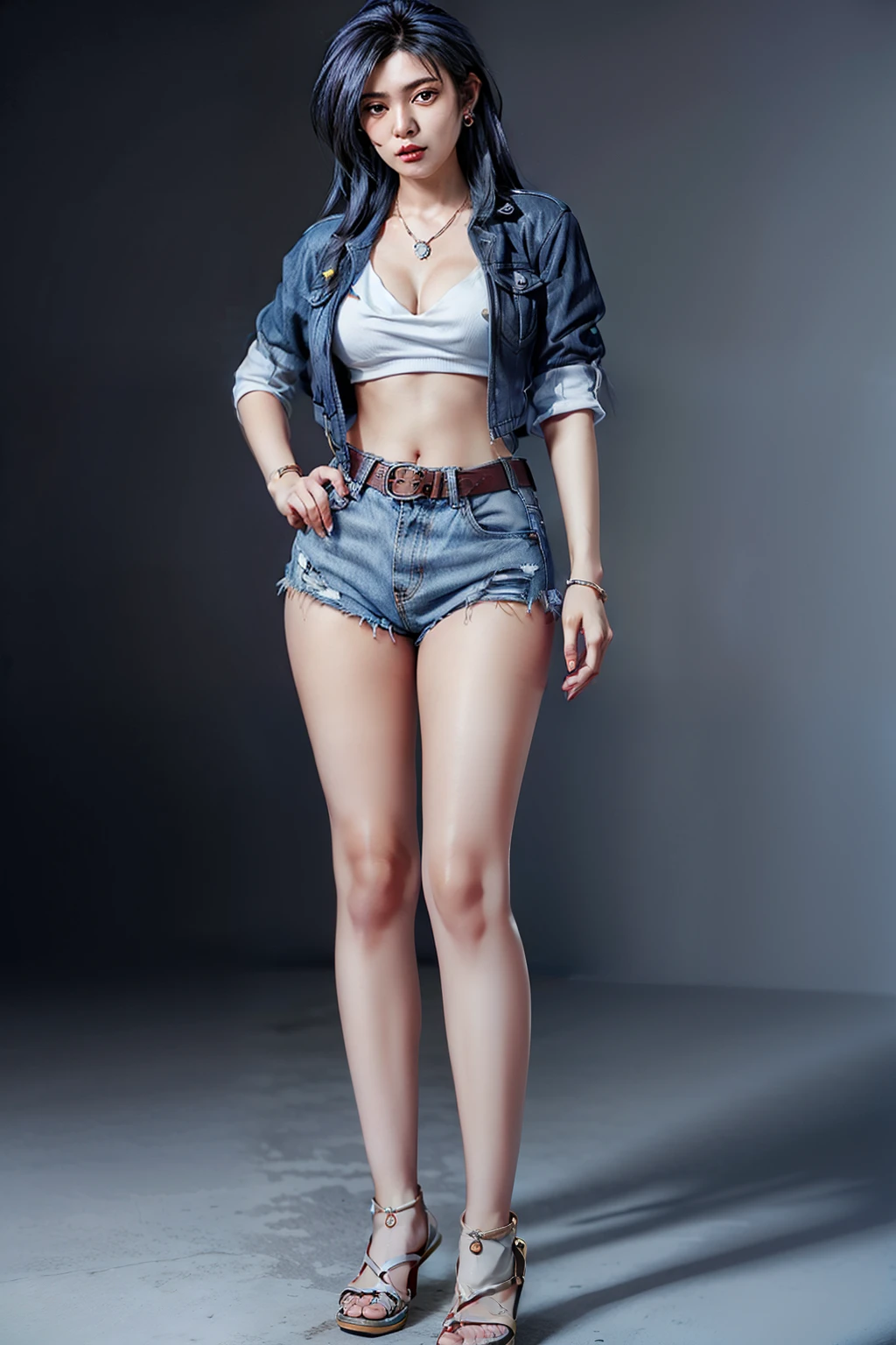 (RAW shooting, Photoreal:1.5, 8k, highest quality, masterpiece, ultra high resolution), perfect dynamic composition:1.2, Highly detailed skin and facial textures:1.2, beautiful and aesthetic:1.2, Fair skin, (large breast:1.4,chest gap:1.4),(perfect limbs:1.2), (perfect fingers:1.2),((standing:2)),(1girl, asian,Mio Serizawa,glamour,earrings,necklace,long dark blue hair,tight white shirt,short sleeves,navel,red jacket,belt,tight denim shorts,knee pads,perfect thigh,sandals),(simple background:1),