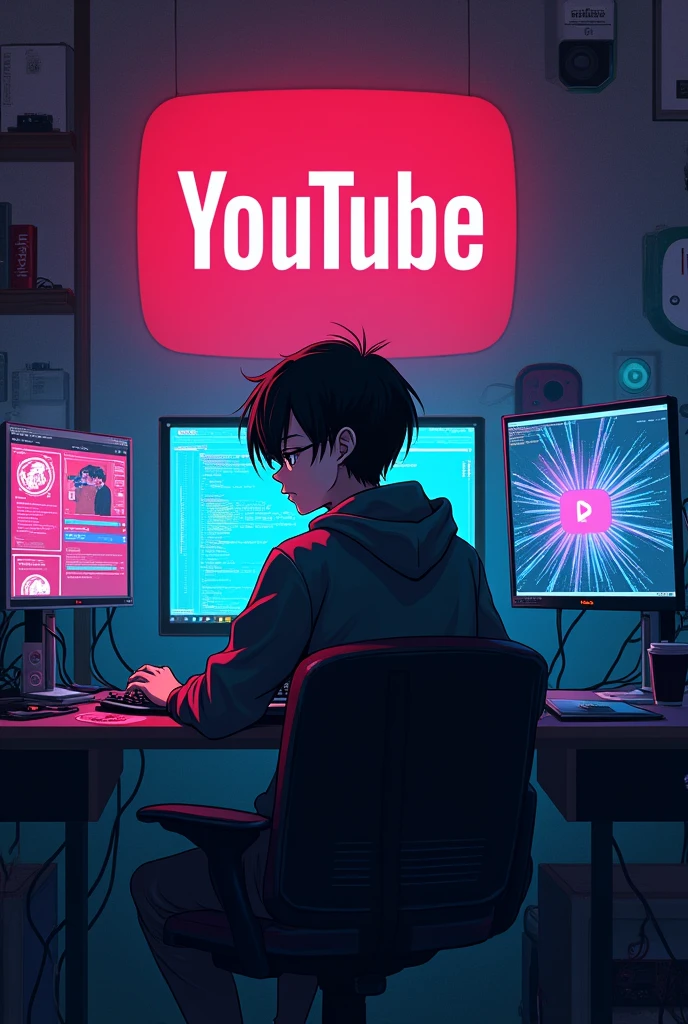 Create a hacker anime youtuber sitting on the computer chair watching me,
Backside youtube logo and YouTube name as Sam Tech Yt with red letters in background