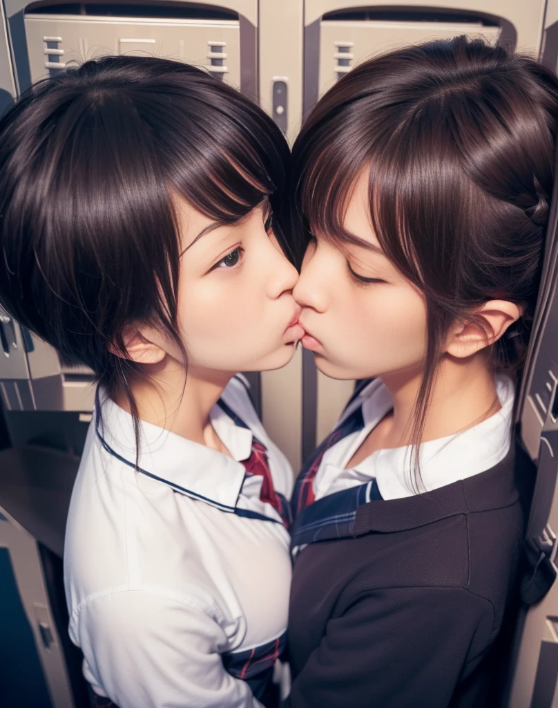 8k,masterpiece,Japanese,best quality, (schoolgirls:1.4), (kissing:1.5), stuffy, (crowded locker:1.5), reluctantly, (blush:1.3), (breasts:1.2)