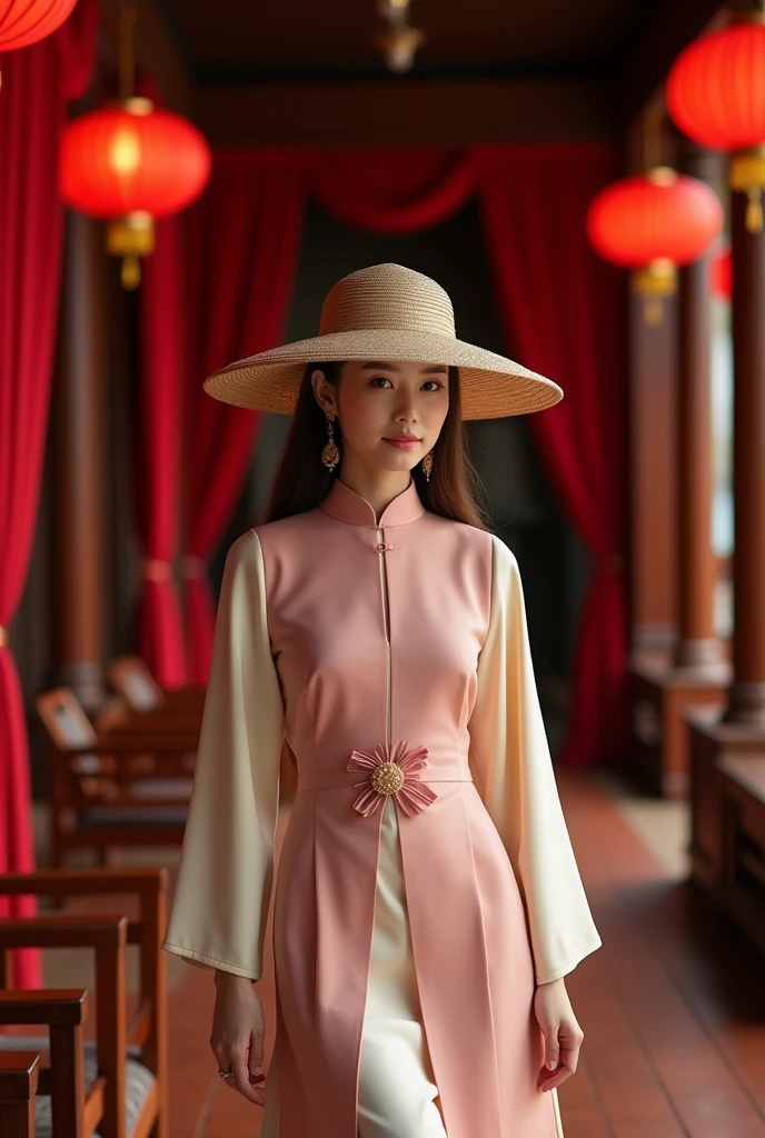 Brown-haired female model wearing a stylized outfit from Vietnamese pho. Elegant and discreet style. Wide-brimmed round hat with folded edges. Pink and beige split-front ao dai. Dress inside the ao dai reaching past the ankle. Luxurious setting, red curtain interior, wooden tables and chairs, red lanterns, beautiful lighting