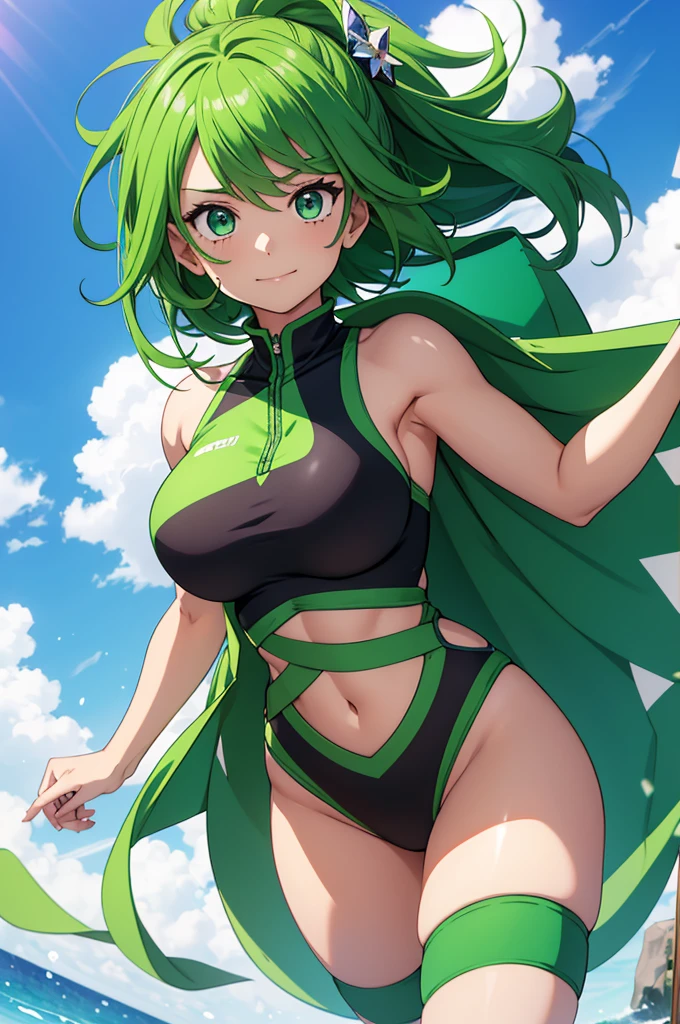 Create an image of a gender-swapped version of Izuku Midoriya, depicted as a beautiful and confident young woman. She has short, vibrant green hair that is styled neatly, with each strand rendered in perfect detail to capture the lively energy of her character. Her large, expressive eyes are a deep, striking green, filled with determination and warmth that reflect her heroic spirit. Her physique is athletic yet feminine, with well-defined curves that highlight her strength and agility. She is wearing a sleek, form-fitting swimsuit that accentuates her figure, showcasing her toned arms, shoulders, and legs. The swimsuit design is modern and stylish, perfectly complementing her overall appearance and adding to her dynamic presence. She stands confidently, perhaps with one hand on her hip and the other brushing through her short hair, her posture strong and poised. Her expression is focused and determined, with a hint of a smile that conveys her unwavering optimism and resolve. Every detail, from the vibrant green of her hair to the contours of her athletic body, is rendered with the highest level of precision. The image should be visually stunning and captured in 8K resolution, ensuring every aspect of her appearance is portrayed with flawless quality, resulting in a captivating and perfect representation of female Izuku Midoriya in a swimsuit.