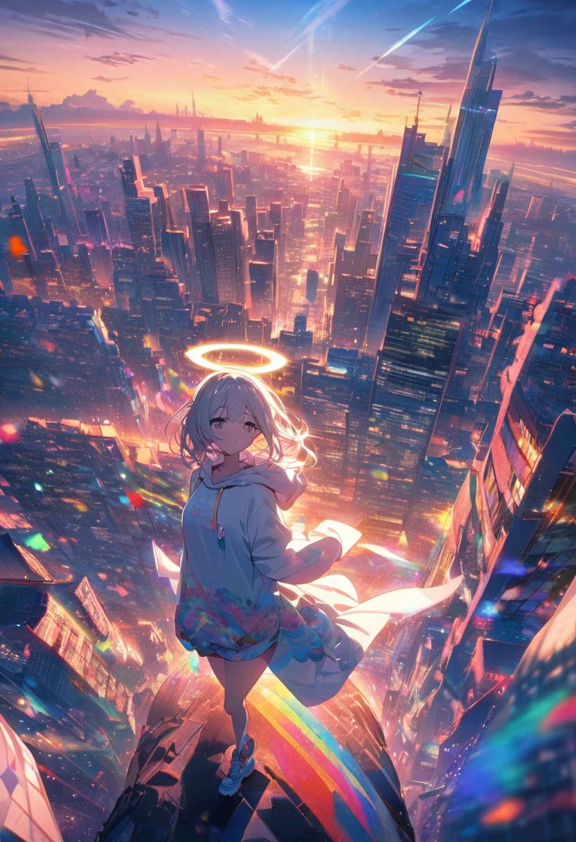 angelic, detailed woman who is walking, woman wearing hoodie, a halo of angels above the woman, highest billding in city, road, sunrise, horizon, skyline, in the sky, city of clouds, colorful, high-res, 8K