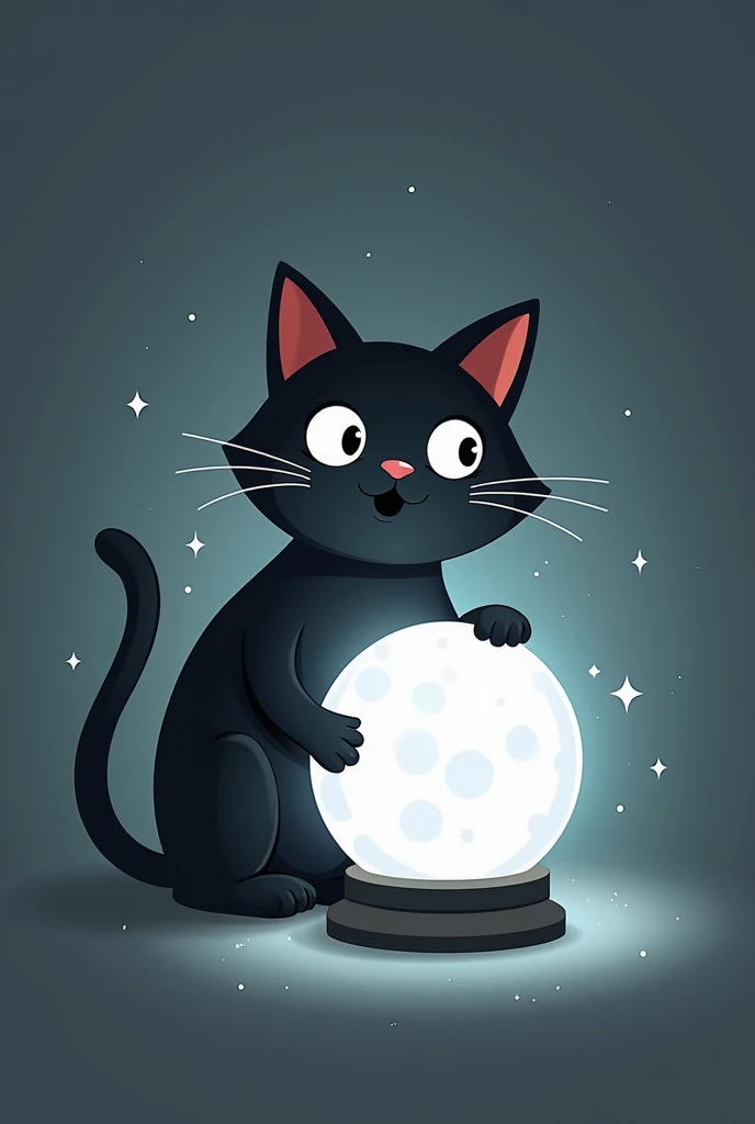 Black cat cartoon logo, white crystal ball fortune telling, black tone, charming and mysterious, simple and minimal lines, plain color tone ￼