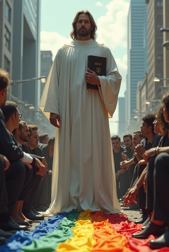 A crowd kneeling in modern dying clothes, with rainbow banners lying on the ground in front of a strong man in white robes with a bible in his hand with shoulder-length hair in the middle of a city