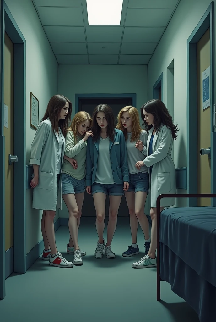 4 girls coming back drunk late at night in a hospital room which is empty while 5th girl was laready in that room alone (indian)  (hospital coat)