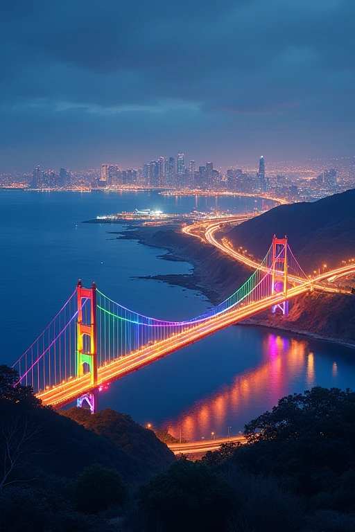Rainbow Bridge along the coast and a large highway with junctions、Scenic night view of a big city and an airport