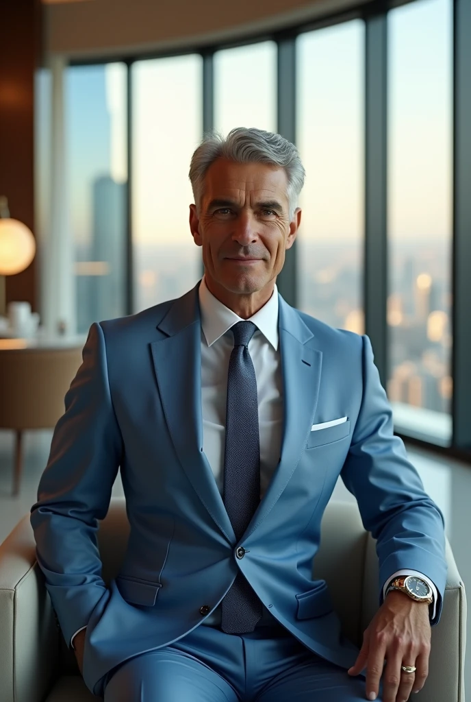creates the image of a 45-year-old man, millionaire in light blue suit
