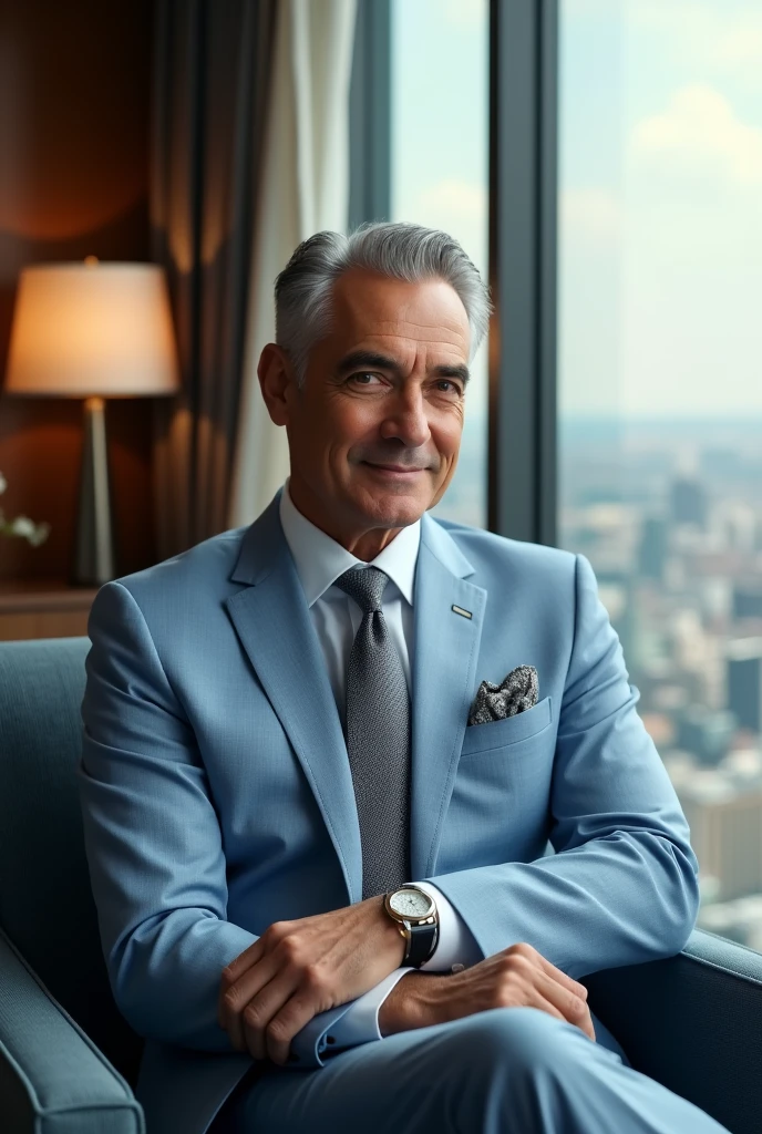 creates the image of a 45-year-old man, millionaire in light blue suit