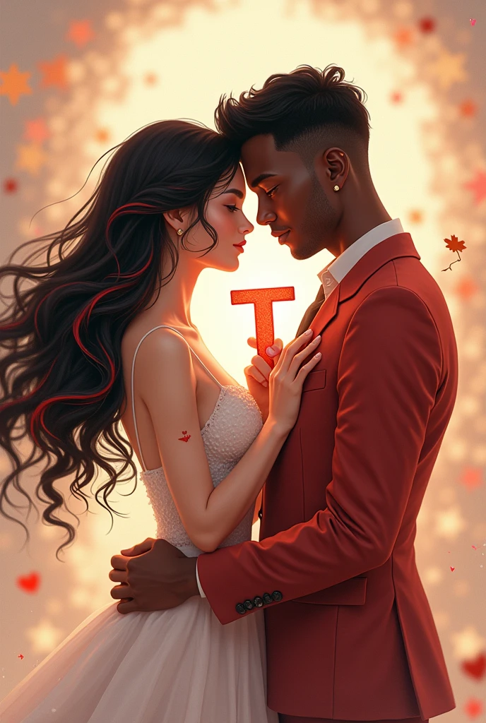 Drawing of a woman with black hair and red highlights holding the letter T with her boyfriend, a dark-skinned man holding the letter S