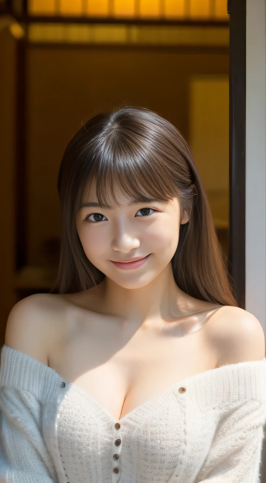 masterpiece,best quality,(Japanese girl),((Beautiful girl)),cleavage,(off shoulder:1.2),(perfect body beauty:1.2),(shy smile),