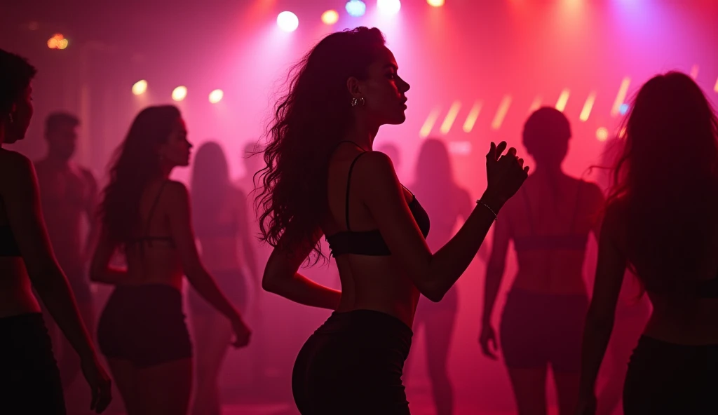 Real photo, best camera, nightclub atmosphere, One beautiful and sexy girl dancing reggaeton full body miniskirt