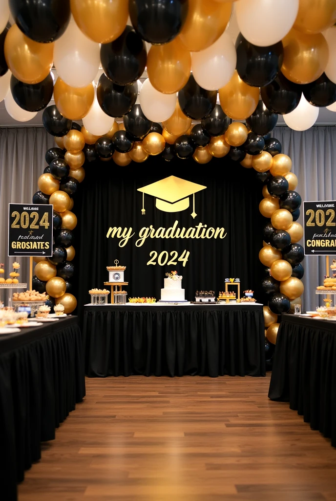 party room to celebrate the themed graduation of a medical doctor, with a black background fabric that has a design of a gold graduation cap in the center and below the design, is the word My Graduation and below the year 2024, to the side an arch of balloons in black, gold and white, in front a dessert table with various types of sweets and a cake in the center, on the sides of the main table, a tower of balloons in black, gold and white and at the top hang on both sides some welcome door banners with a black background, which say in white and gold letters 2024 and a folded diploma at the top and the other says Congratulations with a gold graduation cap at the top top, next to this table, place a table with a white tablecloth and its food warmers for the buffet, in the rest of the room place 6 large tables, some with black, white and gold tablecloths, 60 chairs, 10 for each table , each table with its centerpiece made of 7 balloons tied to a plastic support base of individual tubes and 2 black balloons and 3 gold balloons, and 2 transparent balloons with gold confetti inside the balloon, each centerpiece around the balloons It has a strip of yellow LED lights, on the ceiling it places white, black and gold balloons with various graduation designs and with gold, black and white ribbons hanging down and all the balloons glued to the ceiling.