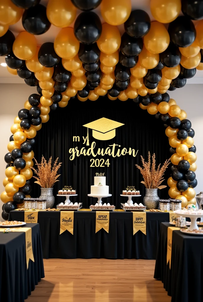 party room to celebrate the themed graduation of a medical doctor, with a black background fabric that has a design of a gold graduation cap in the center and below the design, is the word My Graduation and below the year 2024, to the side an arch of balloons in black, gold and white, in front a dessert table with various types of sweets and a cake in the center, on the sides of the main table, a tower of balloons in black, gold and white and at the top hang on both sides some welcome door banners with a black background, which say in white and gold letters 2024 and a folded diploma at the top and the other says Congratulations with a gold graduation cap at the top top, next to this table, place a table with a white tablecloth and its food warmers for the buffet, in the rest of the room place 6 large tables, some with black, white and gold tablecloths, 60 chairs, 10 for each table , each table with its centerpiece made of 7 balloons tied to a plastic support base of individual tubes and 2 black balloons and 3 gold balloons, and 2 transparent balloons with gold confetti inside the balloon, each centerpiece around the balloons It has a strip of yellow LED lights, on the ceiling it places white, black and gold balloons with various graduation designs and with gold, black and white ribbons hanging down and all the balloons glued to the ceiling.