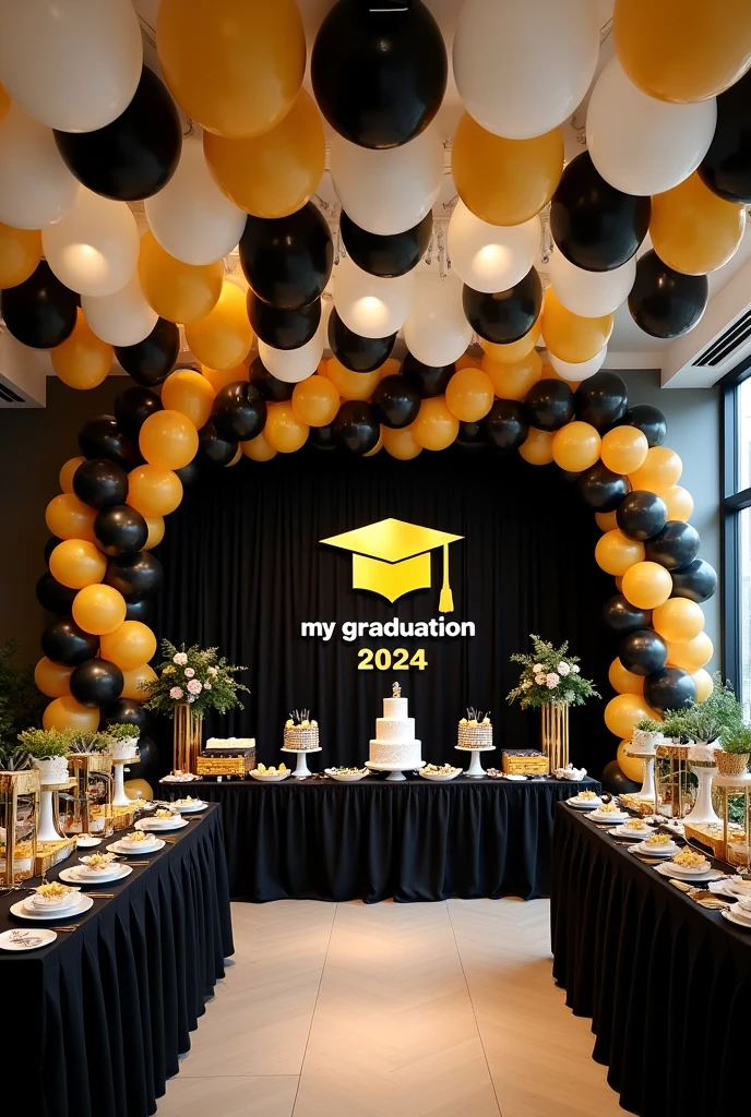 party room to celebrate the themed graduation of a medical doctor, with a black background fabric that has a design of a gold graduation cap in the center and below the design, is the word My Graduation and below the year 2024, to the side an arch of balloons in black, gold and white, in front a dessert table with various types of sweets and a cake in the center, on the sides of the main table, a tower of balloons in black, gold and white and at the top hang on both sides some welcome door banners with a black background, which say in white and gold letters 2024 and a folded diploma at the top and the other says Congratulations with a gold graduation cap at the top top, next to this table, place a table with a white tablecloth and its food warmers for the buffet, in the rest of the room place 6 large tables, some with black, white and gold tablecloths, 60 chairs, 10 for each table , each table with its centerpiece made of 7 balloons tied to a plastic support base of individual tubes and 2 black balloons and 3 gold balloons, and 2 transparent balloons with gold confetti inside the balloon, each centerpiece around the balloons It has a strip of yellow LED lights, on the ceiling it places white, black and gold balloons with various graduation designs and with gold, black and white ribbons hanging down and all the balloons glued to the ceiling.