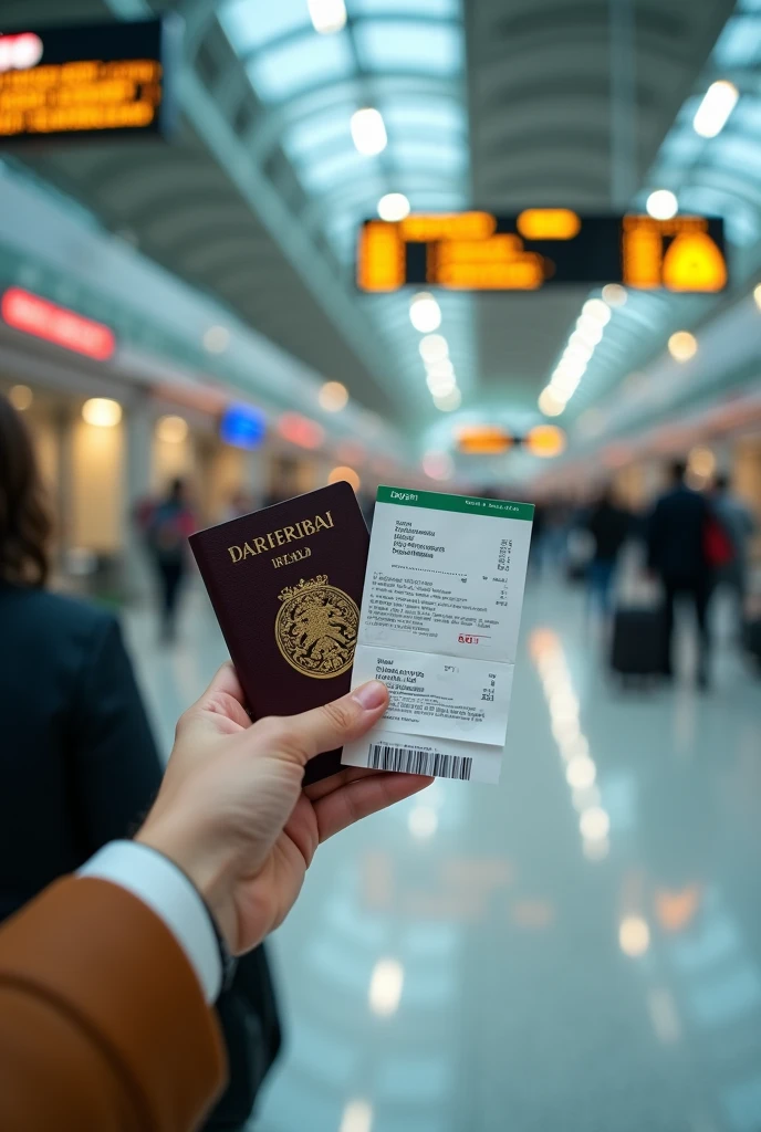 Hand holding ireland passport along with boarding pass with an airport background