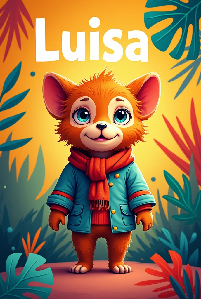 Create a flipbook cover Add Luisa&#39;s name to the cover (that title name appears above) at the top center of title. 
adding a domestic or jungle animal that is animated with clothes but is not fictional and is colorful.