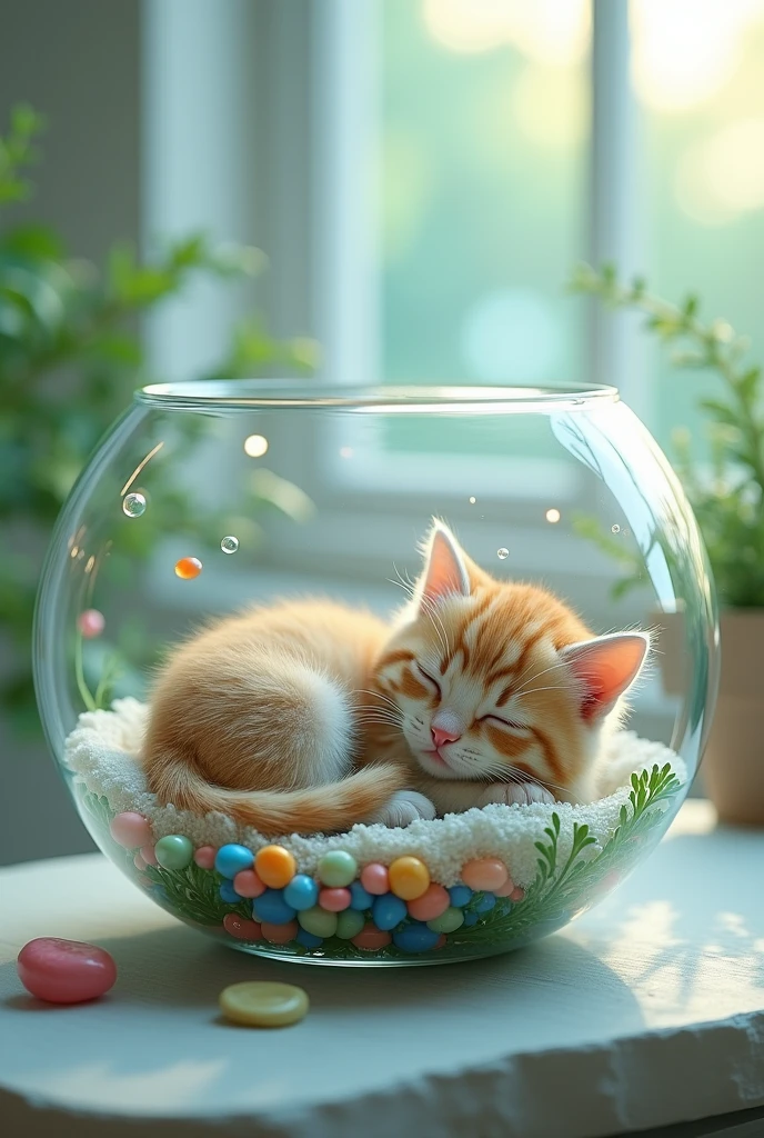 A kitten is sleeping in a glass fishbowl、