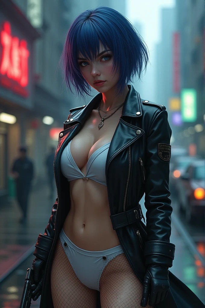 30 yo,realistic hardboiled woman ,blue-purple hair,Scarlett Johansson in Ghost in the Shell,Public Security,(1 girl),realistic ghost in the shell with guns,Wearing a white Fishnet tights and long trench leather coat,(beautiful eyes:1.2),(beautiful face:1.3),(detailed face:1.3),(smile),(muscular:1.1),(sensual:1.3),(thick thighs:1.2),(Body moistened with sweat),(background is black:1.5),(blur background:1.2),(master piece,highest quality,ultra high resolution,Super detailed,8K),wallpaper,The background is Cyberpunk City