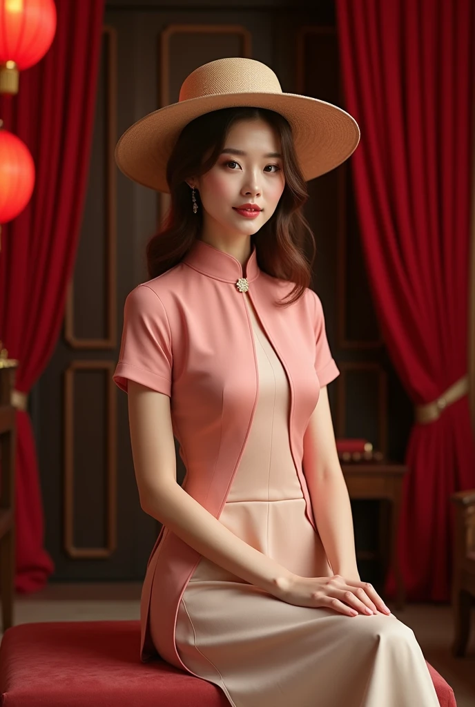 Brown-haired female model wearing a stylized outfit from Vietnamese pho. Elegant and discreet style. Wide-brimmed round hat with folded edges. Pink and beige split-front ao dai. Dress inside the ao dai reaching past the ankle. Luxurious setting, red curtain interior, wooden tables and chairs, red lanterns, beautiful lighting