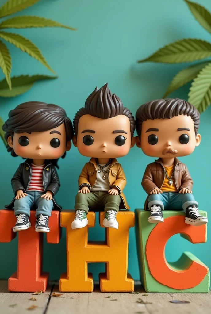 Three marijuana men In funko sitting on letters that say thc one brunette and two wueros looking tumaso cholo  
