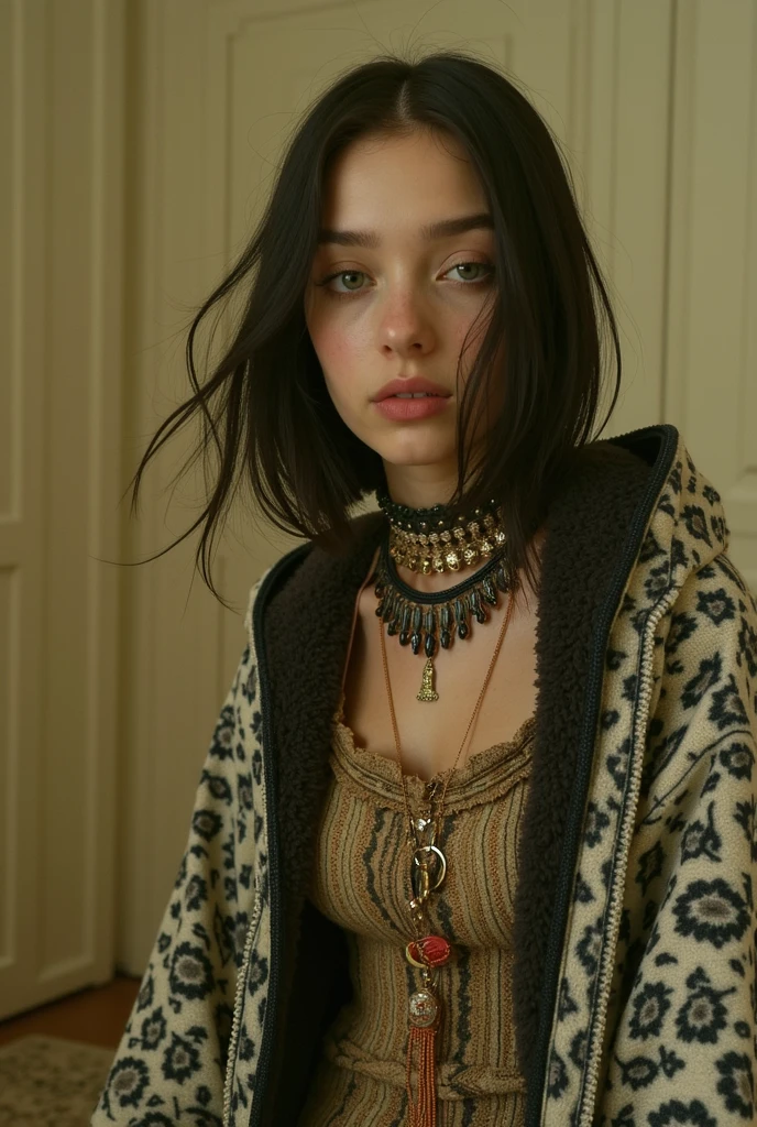 RAW photo, best quality, masterpiece, photorealistic, Polish girl, 20 years old, black hair, Light grey eyes, short bob cut, hair in 7 thirds, hair over one ear, Symmetrical eyes, solo, Detailed Skin, Detailed face, Detailed hands, Big Breasts, rip gloss, blush