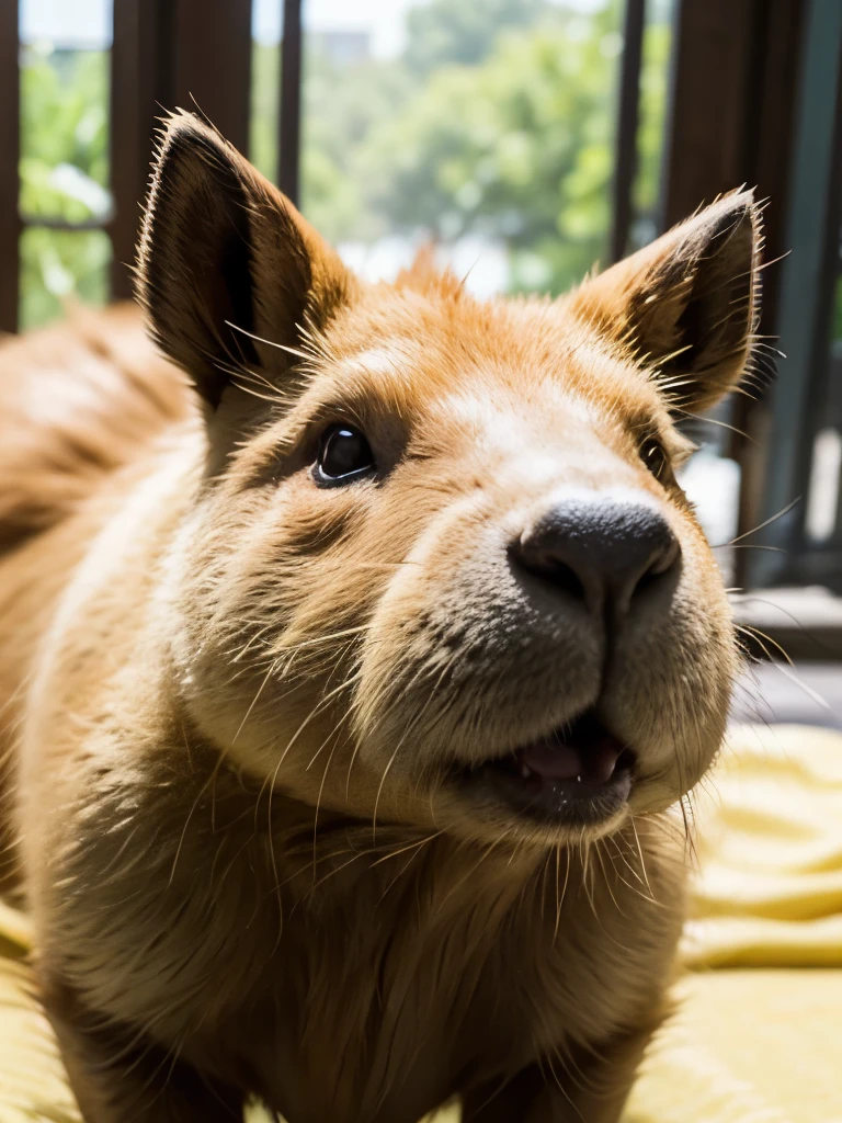a capybara with a yellow blouse with a very close look but you can identify that it is a capybara, all this in the style of zootopia