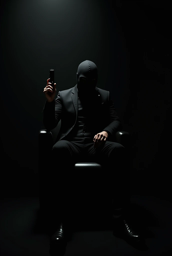 A man holding a gun Wearing black blazer, black pant and black mask sitting on chair in a black room