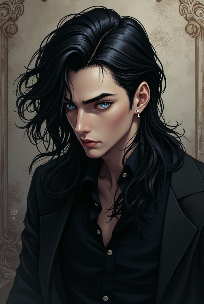 (anime style) beautiful man, long black hair, piercings, stoic, dark academia aesthetic