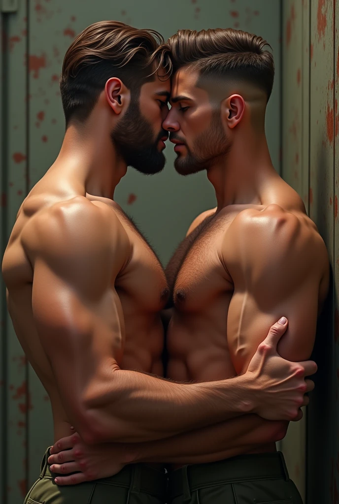 Generates a 25-year-old man, with masculine hair down to below the ears and wavy brown, with beard and brown eyes. thick build pero musculoso, very tall and military. Kissing, Chico, 22 years old. thick build, muscular and quite tall. skin very white. light hair, smooth and medium. Without beard. Big, blue eyes, good look and gentle smile. shirtless. military dress.
realist.