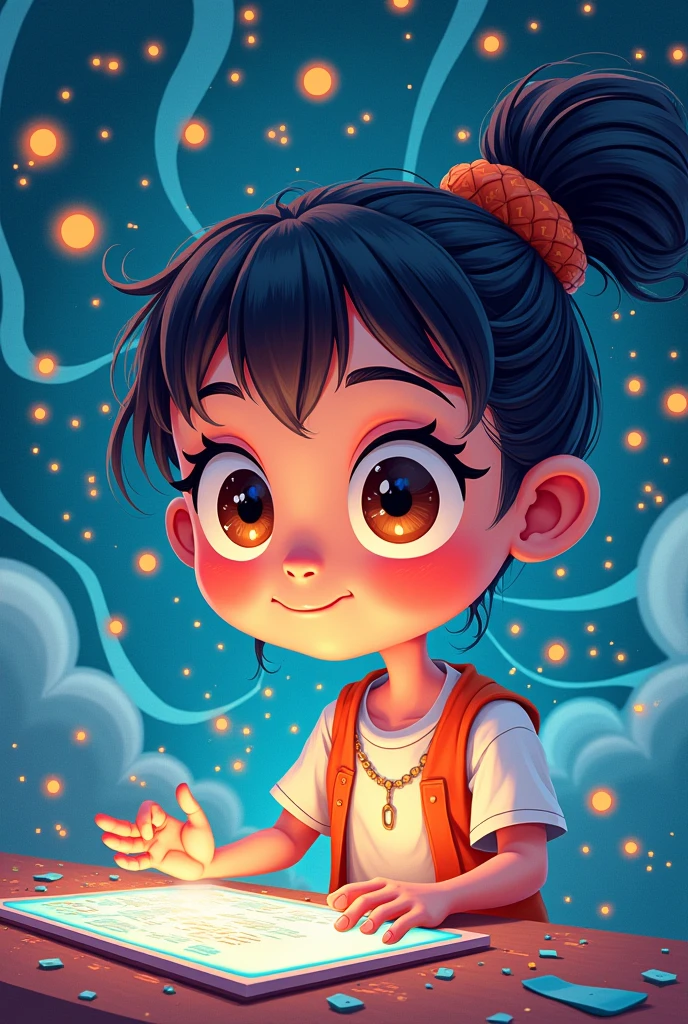 A girl encoding information and storing the information in brain . Create cartoon