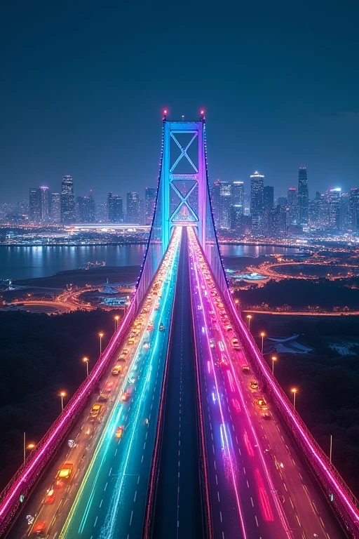 On a large highway with Rainbow Bridge and junctions、Scenic night view of a big city and an airport
