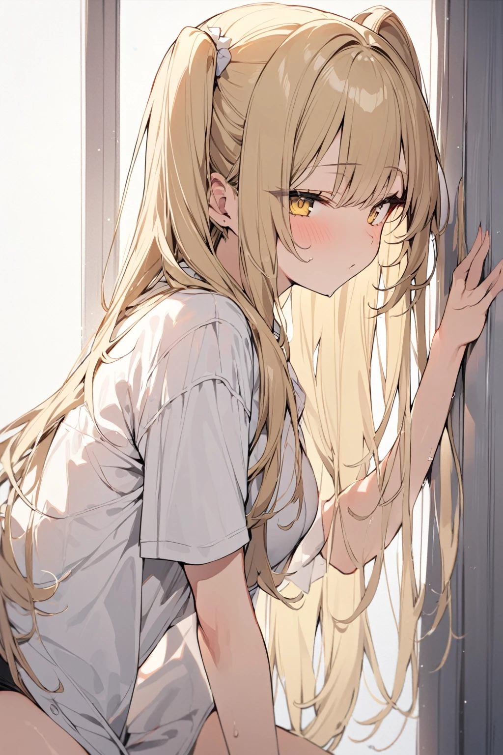 masterpiece, best quality, cute girl, solo, yellow eyes, blonde hair, long hair, long side up hair, long side ponytail,