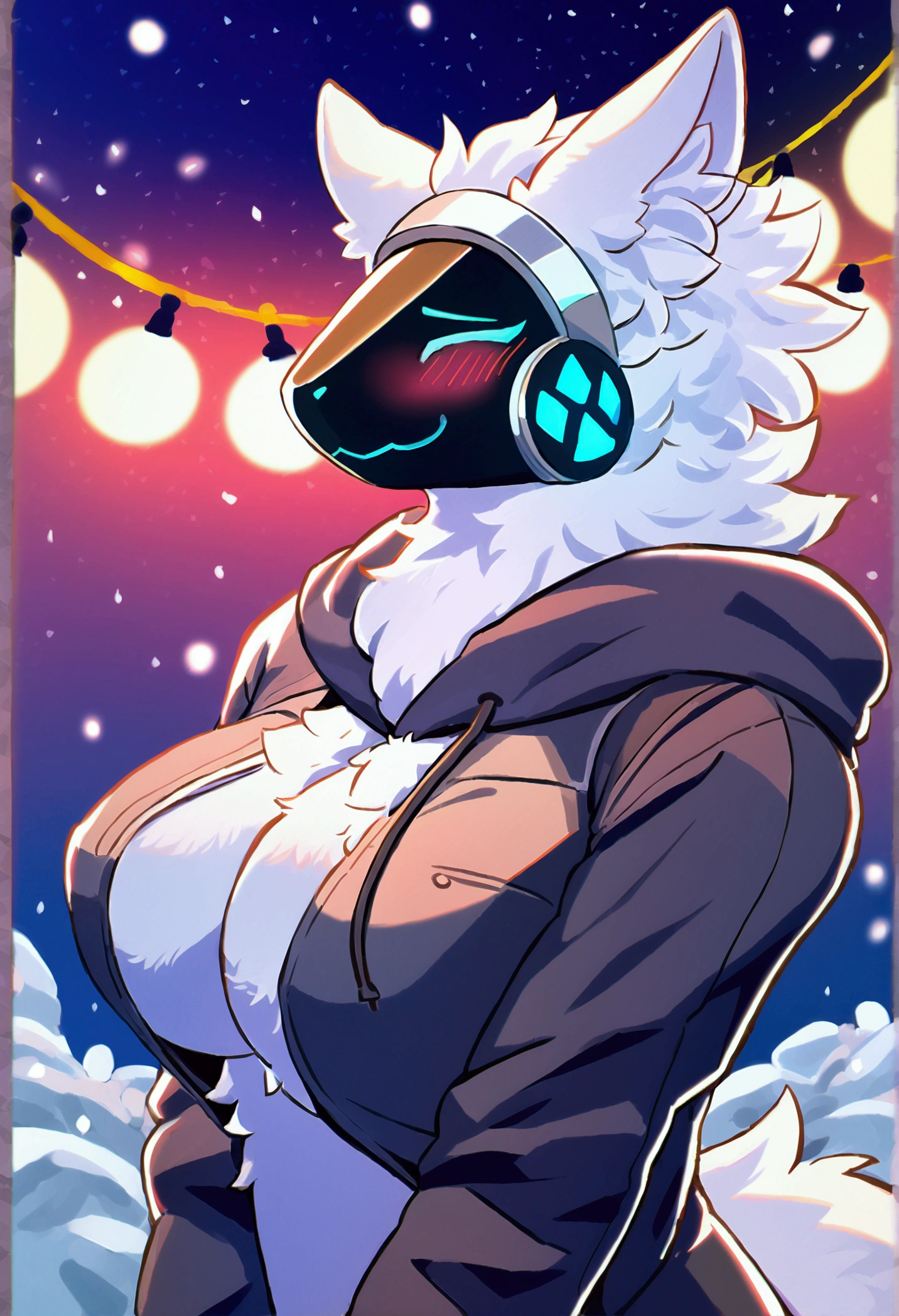 (top quality, best quality, High-quality illustrations, masterpiece, 16k, 1080p, uploaded on e621)(kemono, furry, anthro, alone), round, 1 female, hot mother figure, very detailed body face and eyes, white protogen, protogen visor, blue face, white fur, fluff, big breasts, tail, beautiful winter clothes, winter hoodie, beautiful night, body movement, body twitching, shy smile, red blushing,