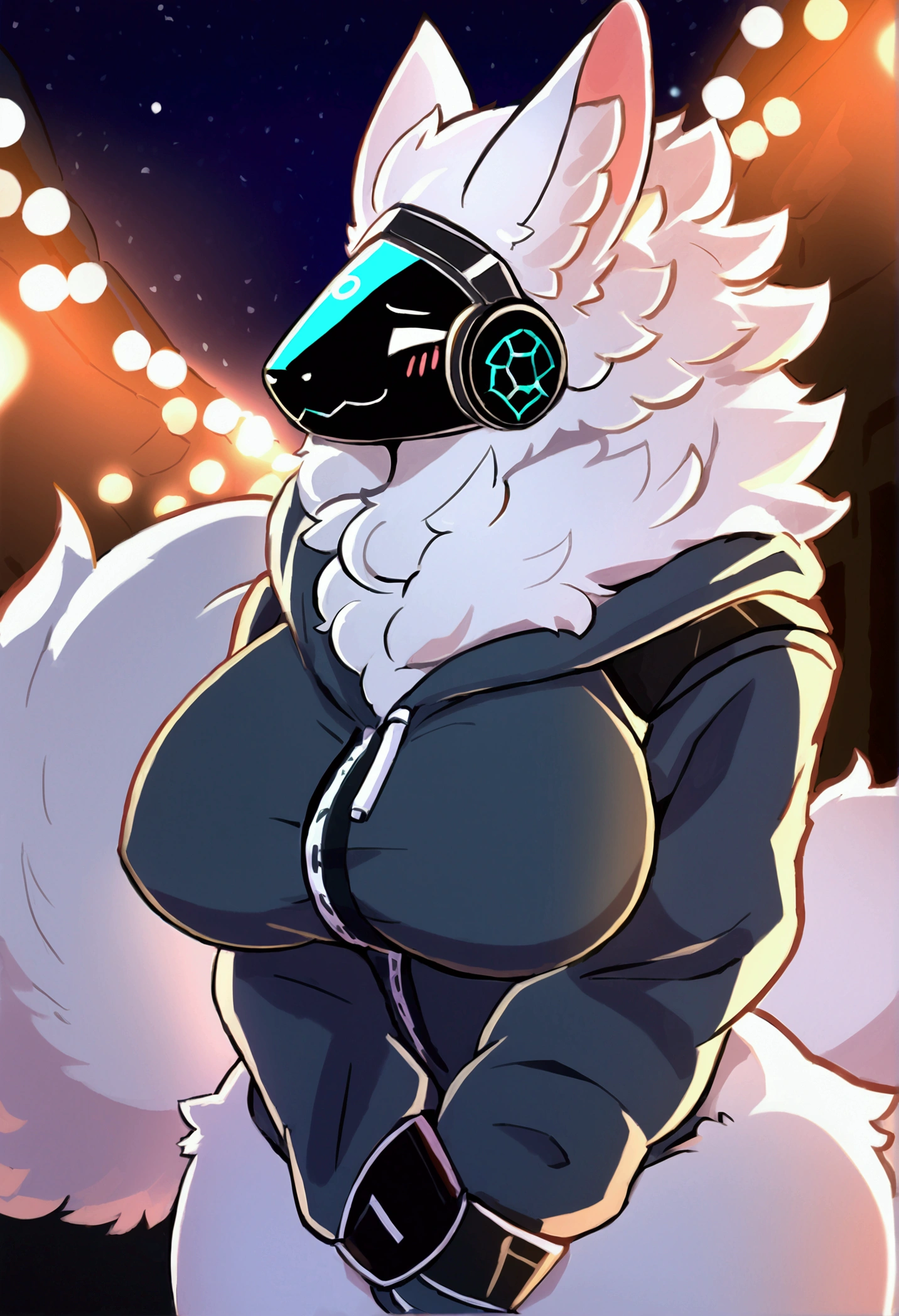 (top quality, best quality, High-quality illustrations, masterpiece, 16k, 1080p, uploaded on e621)(kemono, furry, anthro, alone), round, 1 female, hot mother figure, very detailed body face and eyes, white protogen, protogen visor, blue face, white fur, fluff, big breasts, tail, beautiful winter clothes, winter hoodie, beautiful night, body movement, body twitching, shy smile, red blushing,