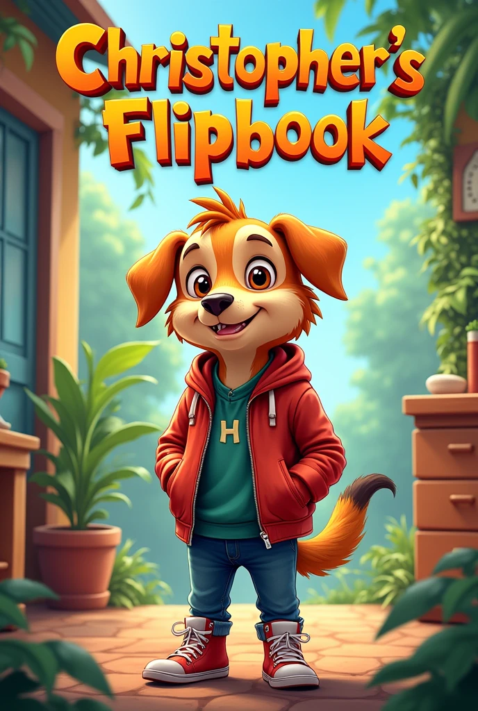 Create a flipbook cover Add Christopher's name to the cover (Spanish name that appears)) at the top center of title.
adding a domestic or jungle animal that is animated with clothes but is not fictional and is colorful.