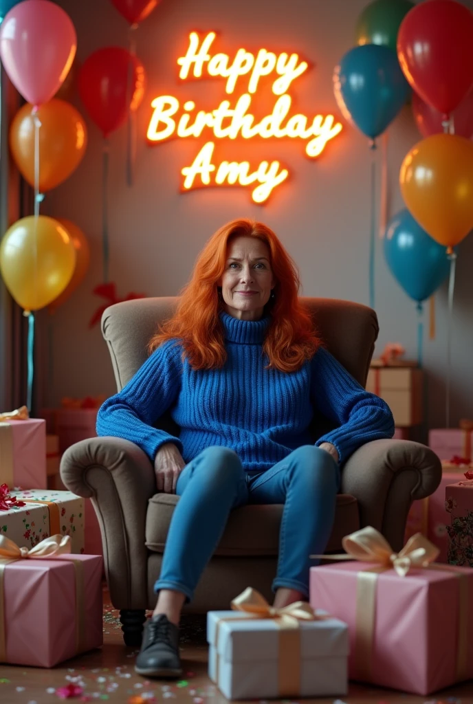 Realistic image of a birthday . There are balloons of various colors floating and stuck to the walls, as well as streamers and confetti scattered on the floor. A lighted sign with the letters "HAPPY BIRTHDAY AMY" hangs on the wall. In the center of the room is an armchair with an adult Caucasian woman with long red hair, The woman is dressed in a royal blue sweater and is surrounded by gift boxes..