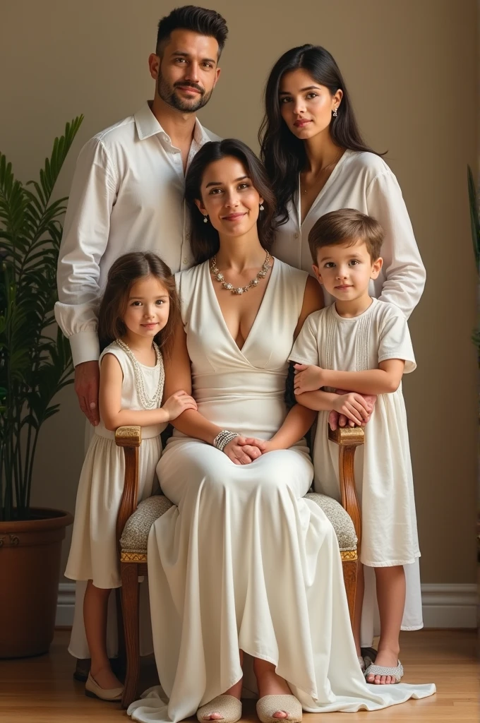 A beautiful family portrait captured in this image showcases a man, a woman, and 3 girl children age above 20
. The man is standing behind the woman, who is sitting on a chair, while the child stands beside them. The man and woman are elegantly dressed, with the woman wearing a white dress and a necklace, and the man wearing a white shirt. The woman is also wearing bracelets and the man is wearing slippers. The background of the portrait is simple, allowing the focus to remain on the loving family moment captured in the painting. The colors in the image are warm and inviting, adding to the overall charm of the scene.