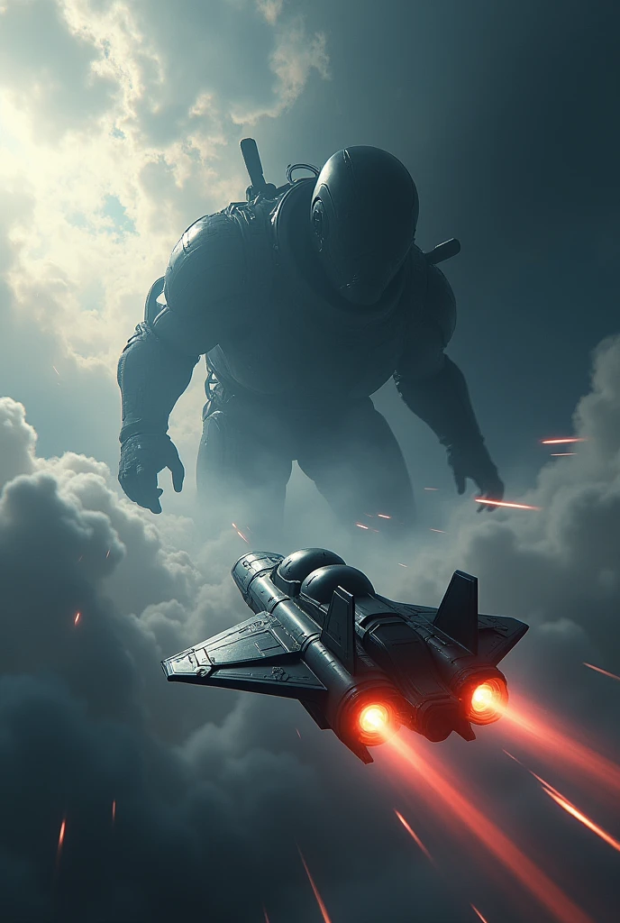The spaceship is speeding through the planet's atmosphere., with the large shadow still following at incredible speed.