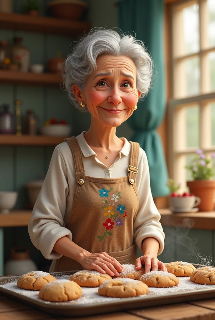 Image of a old cookie lady with a cozy house in the background