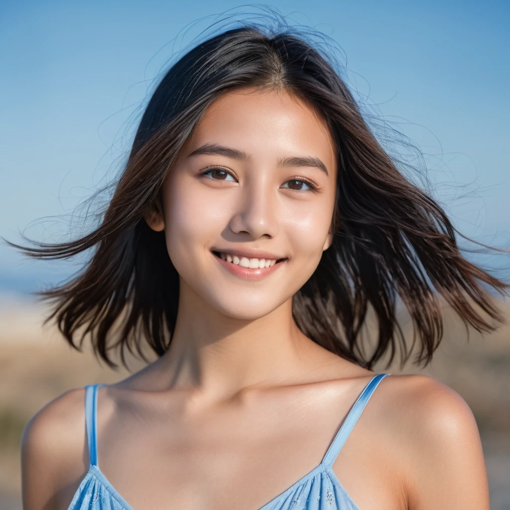 Yui, photo of female, age 15 year, black shoulder length hair with brown highlights; (dslr, ultra quality, film grain, Fujifilm XT3, crystal clear, 8K UHD, highly detailed glossy eyes, high detailed skin, skin pores); wear light blue slip dress, lazy smile, sky background, low angle full body photo