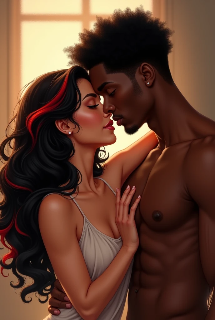 Drawing of a woman with black hair and red highlights with her boyfriend, a dark-skinned man with short curly hair.
