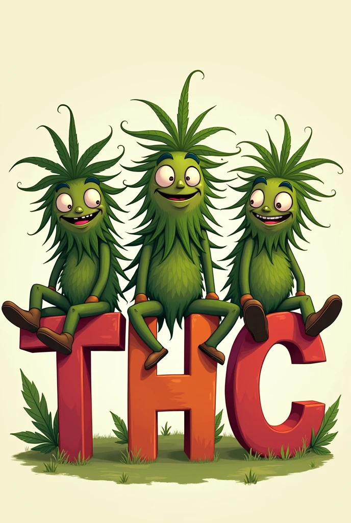 Three marijuana cartoon sitting on letters that say THC, one dark-skinned and two wueros with a lying down and cholo appearance