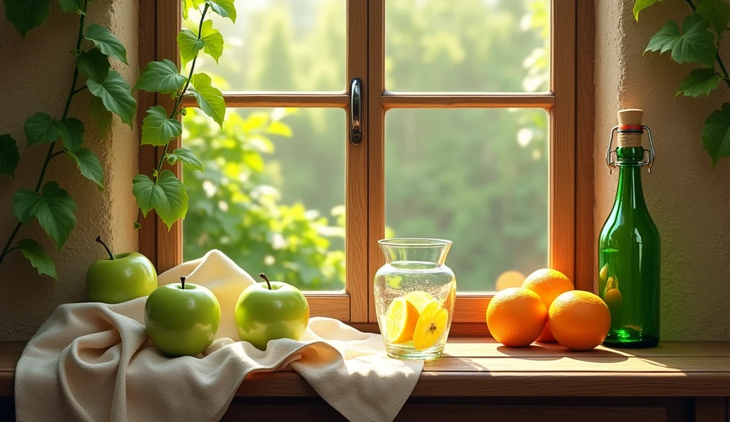 There is a wooden framed window next to the earthen wall.Climb into some vines.Two green apples peek out from the cotton cloth on the wooden table.Green glass bottle with cork.There are lemon slices in the wide mouth glass.Three on the plate.five oranges.The sun shines at noon.Clear, bright and soft light and shadow.Beautifully composed still life style..masterpiece, best quality, Ultra-high resolution, (Extremely detailed),  visually stunning, fair, Evocative
