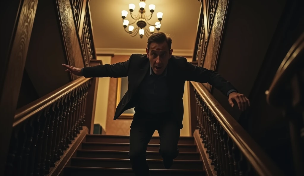 “A man mid-fall from the top of a grand, wooden staircase in a dimly lit, old-fashioned house. The scene captures him in motion, with one hand reaching out, his face showing a mix of shock and fear. His clothes are slightly disheveled, with his legs angled as if he has just lost his balance. The stairs are wide, with dark wood and ornate banisters, and the background shows a blurred hallway with a vintage chandelier, adding to the realism and intensity of the moment.”