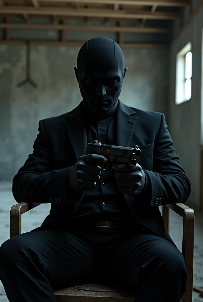 A man holding a gun Wearing black blazer, black pant and black mask sitting on chair in a construction room