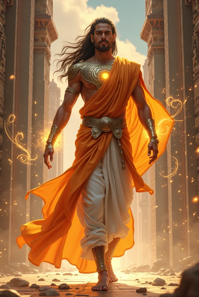 Create a detailed illustration of an Indian superhero with the power of magic. The superhero should be dressed in traditional Indian attire fused with modern elements, such as a dhoti or saree combined with futuristic armor. They should be holding a glowing staff or ancient scrolls, emanating mystical energy. The superhero’s powers should be represented by swirling magical symbols, vibrant auras, or ethereal creatures around them. The background should reflect an ancient Indian temple or a bustling cityscape with hints of the supernatural, merging tradition with modernity. The overall tone should be heroic and mystical.