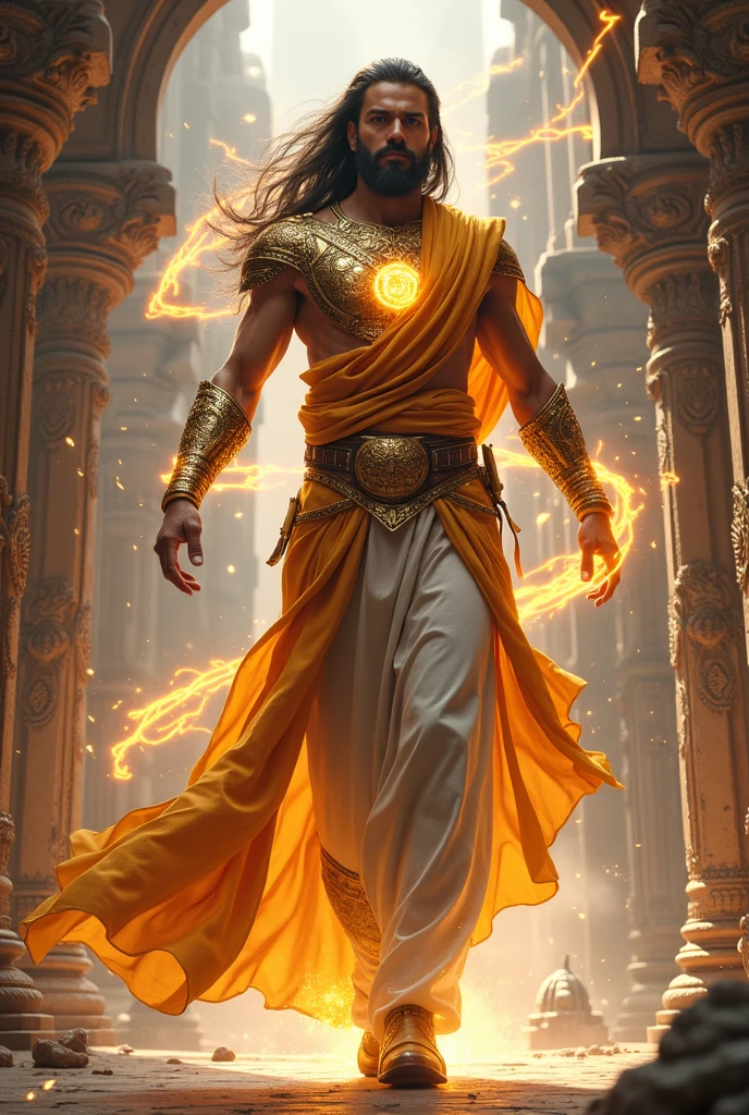 Create a detailed illustration of an Indian superhero with the power of magic. The superhero should be dressed in traditional Indian attire fused with modern elements, such as a dhoti or saree combined with futuristic armor. They should be holding a glowing staff or ancient scrolls, emanating mystical energy. The superhero’s powers should be represented by swirling magical symbols, vibrant auras, or ethereal creatures around them. The background should reflect an ancient Indian temple or a bustling cityscape with hints of the supernatural, merging tradition with modernity. The overall tone should be heroic and mystical.